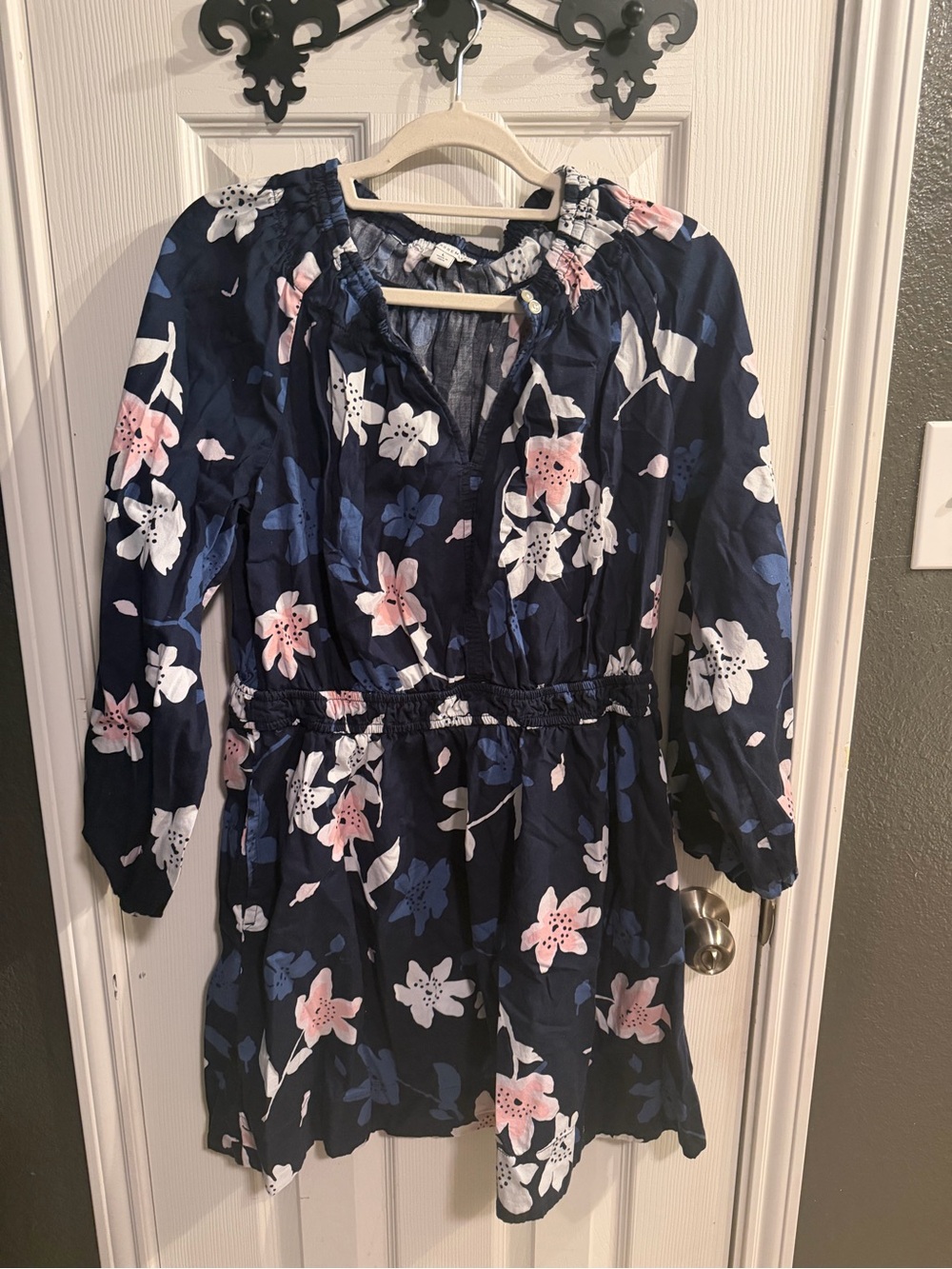 Women’s Navy Floral Long-Sleeve Dress with Pink & White Blooms